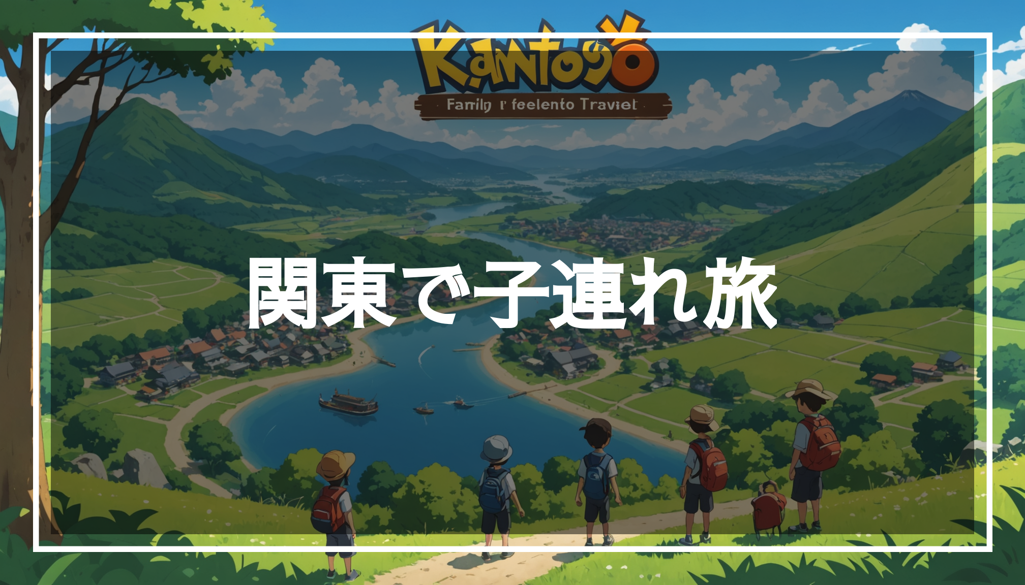 関東地域の家族向け旅行スポットの写真。自然の景観や楽しいアクティビティ、教育的な体験が描かれている。