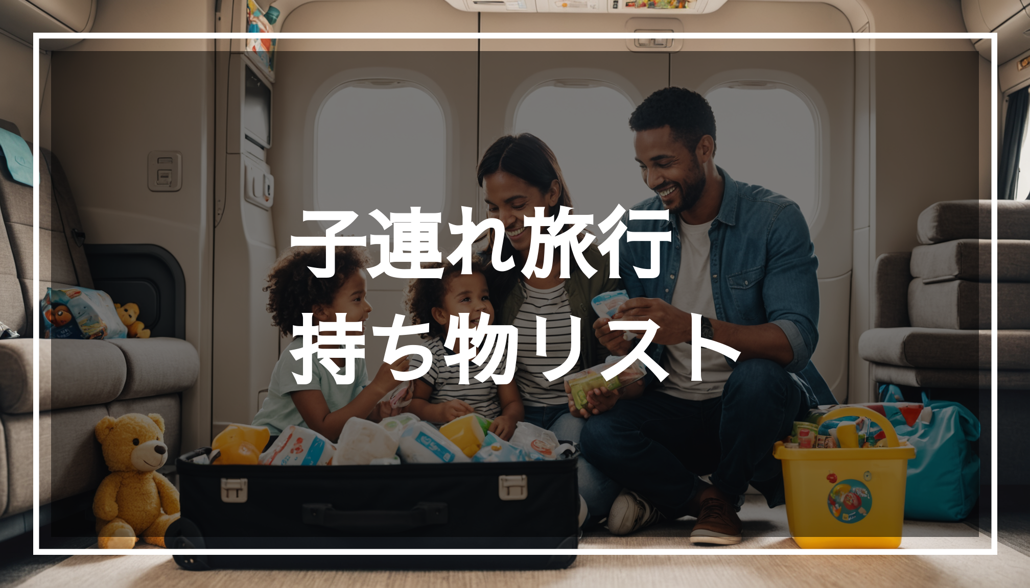 子連れ旅行の家族が、おむつやおしりふき、着替えなどの必需品を持って楽しく旅をしている様子。