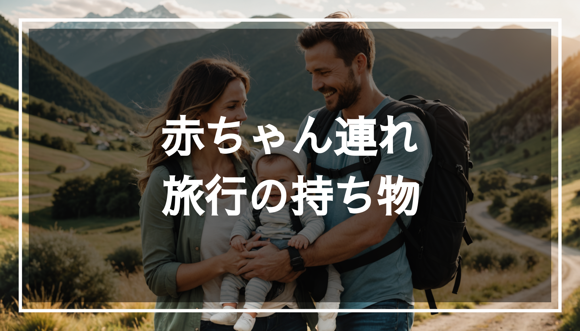 美しい旅行先で赤ちゃんと一緒に楽しそうに過ごす家族の写真。旅行に必要な持ち物やおむつなどの必需品を持っている様子が伝わります。
