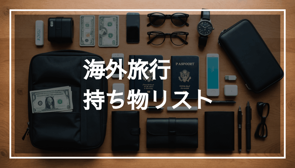 海外旅行に必要な持ち物を整然と並べた写真。パスポート、現金、クレジットカード、スマートフォン、充電器、着替え、医薬品などが含まれている。