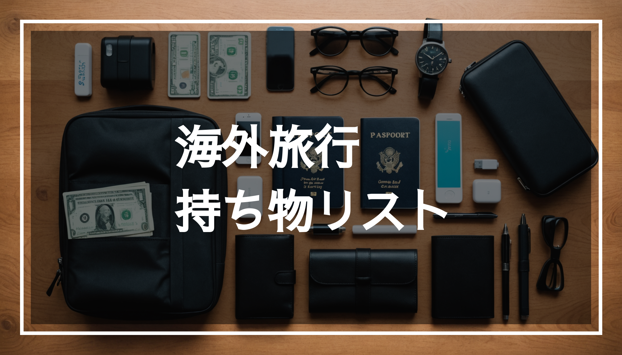 海外旅行に必要な持ち物を整然と並べた写真。パスポート、現金、クレジットカード、スマートフォン、充電器、着替え、医薬品などが含まれている。