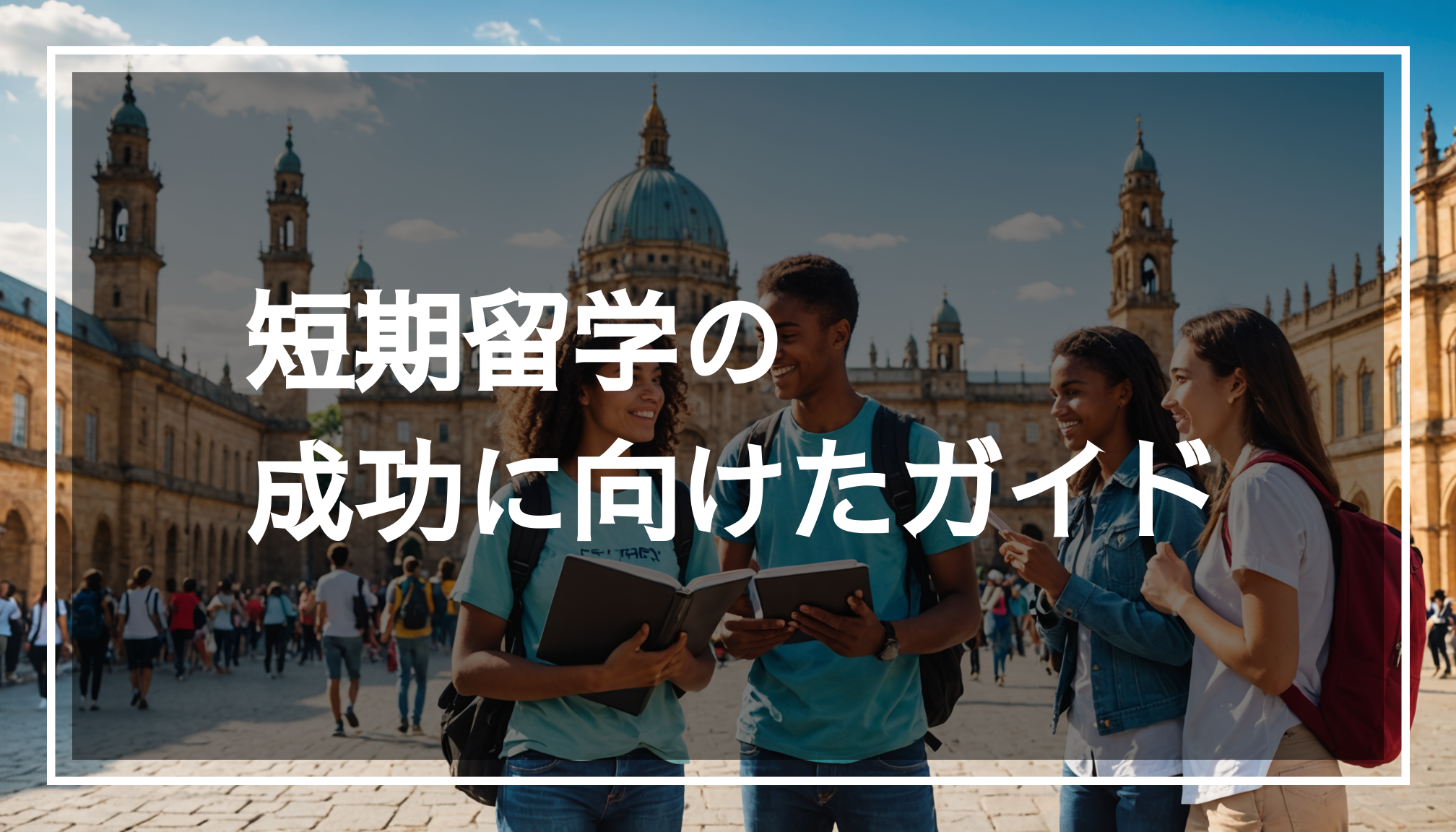 多様な学生が海外で文化アクティビティを楽しむ様子を描いた写真。背景には名所があり、短期留学の体験を表現しています