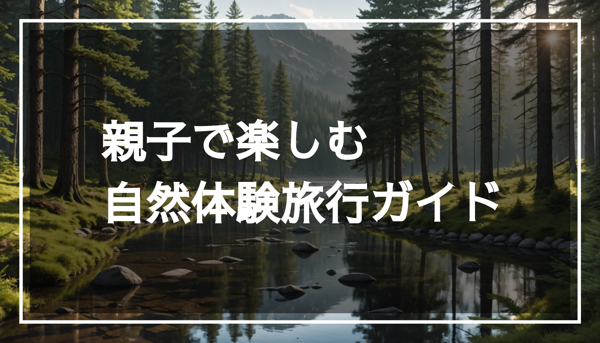 家族が自然体験を楽しむための静かな森林の風景。穏やかな川と遊ぶ野生動物が描かれ、親子の絆を感じさせるアクティビティの場面。