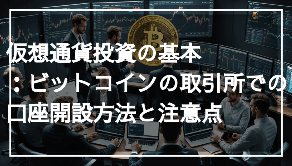 多様な人々がデジタルデバイスを使って仮想通貨の取引をしている現代的なシーン。初心者向けの投資方法やビットコインの価格についての情報が表示される。