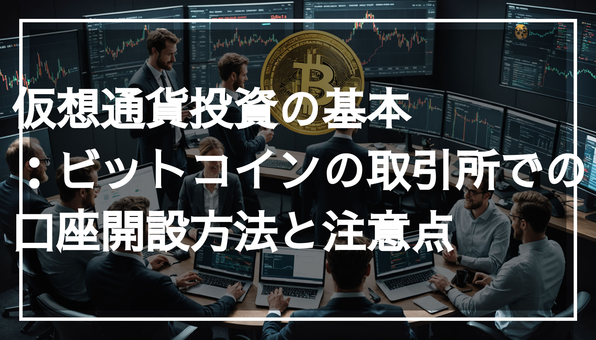 多様な人々がデジタルデバイスを使って仮想通貨の取引をしている現代的なシーン。初心者向けの投資方法やビットコインの価格についての情報が表示される。