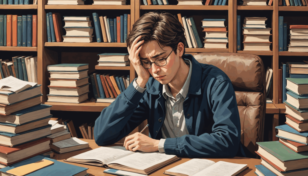 ストレスを抱える学生が、書類や本に囲まれたデスクで疲れた様子を描いたイラスト。5月病の症状や精神的な圧力を表現しています。