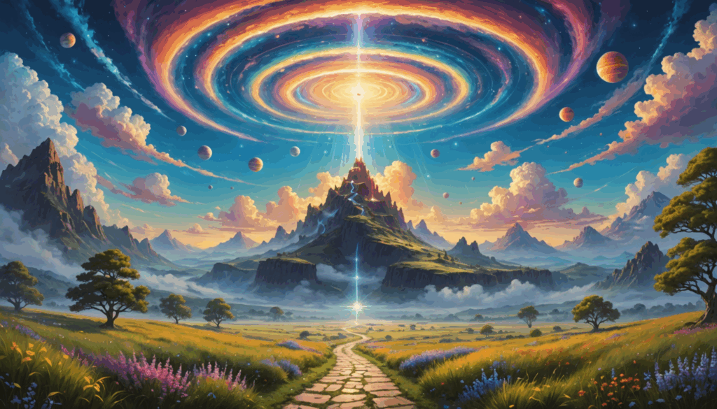 アセンションを象徴する幻想的な風景の写真。明るい光線と浮遊するオーブが描かれた空に向かって上昇する道があり、高次元のエネルギーと変化を感じさせる穏やかな雰囲気。