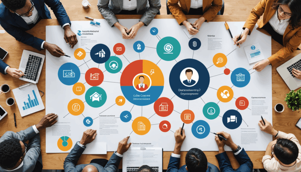 多様な人々が集まり、キャリアアップやスキル向上について話し合うプロフェッショナルな環境の写真。年収や転職の方法を探る様子が表現されています