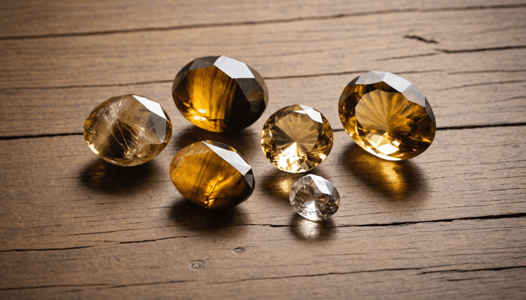 タイガーアイ、シトリン、ルチルクォーツのパワーストーンが明るいオフィスの木製デスクに美しく並べられ、仕事運や金運を引き寄せる効果を強調している様子。