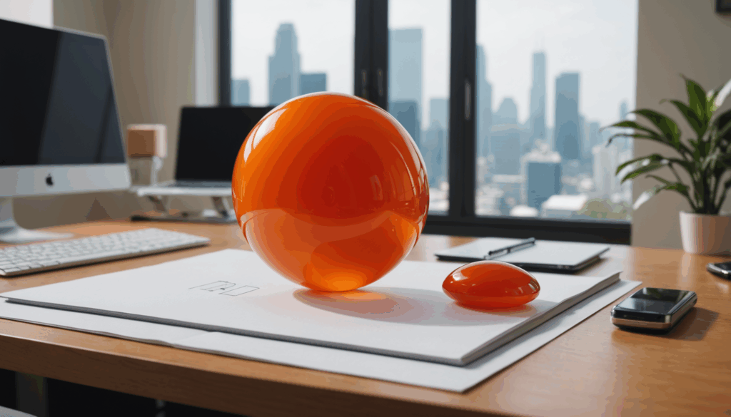 活力を与えるオレンジのカーネリアンのパワーストーンが映える、仕事運を高めるプロフェッショナルな作業スペースの写真。