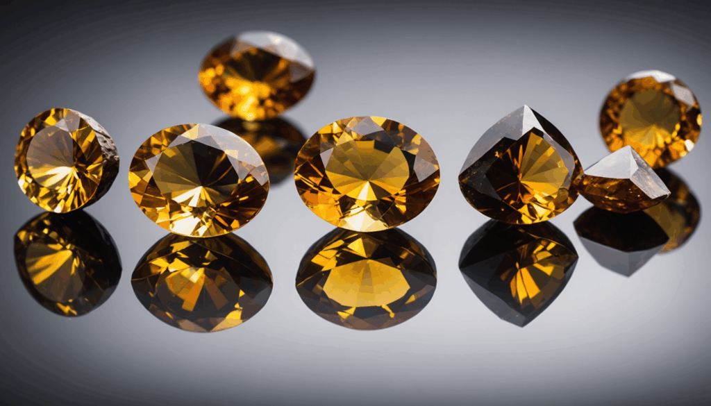 シトリンとタイガーアイのパワーストーンが反射する面に置かれ、自然光でその鮮やかな色合いと質感を見せている様子。金運や財運を引き寄せるアクセサリーとして人気です。