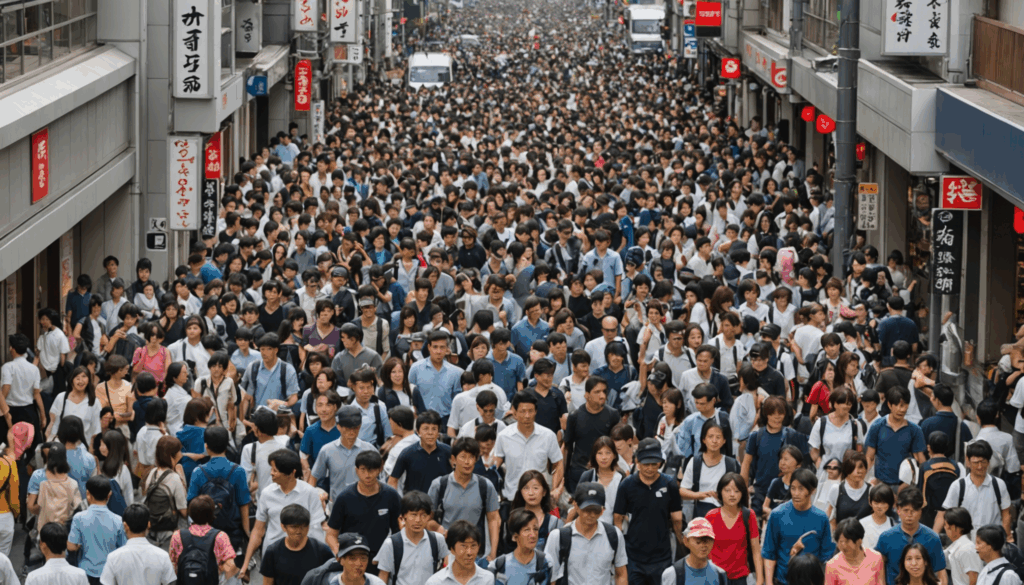 日本の人気観光地で、ゴールデンウィークの混雑した様子を描いた写真。旅行者や家族が風景を楽しんでいるシーン。
