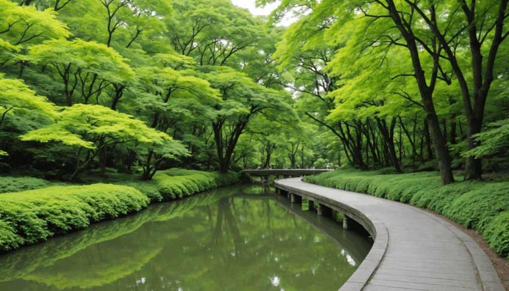 東京の自然公園の写真。豊かな緑に囲まれた癒しの場所で、散策を楽しむ人々がリフレッシュしている様子。