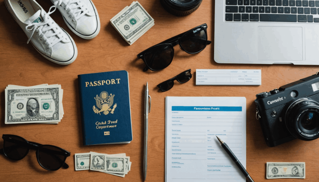 パスポートや現金、クレジットカード、旅行保険書類が整然とテーブルに並べられた海外旅行の持ち物の写真