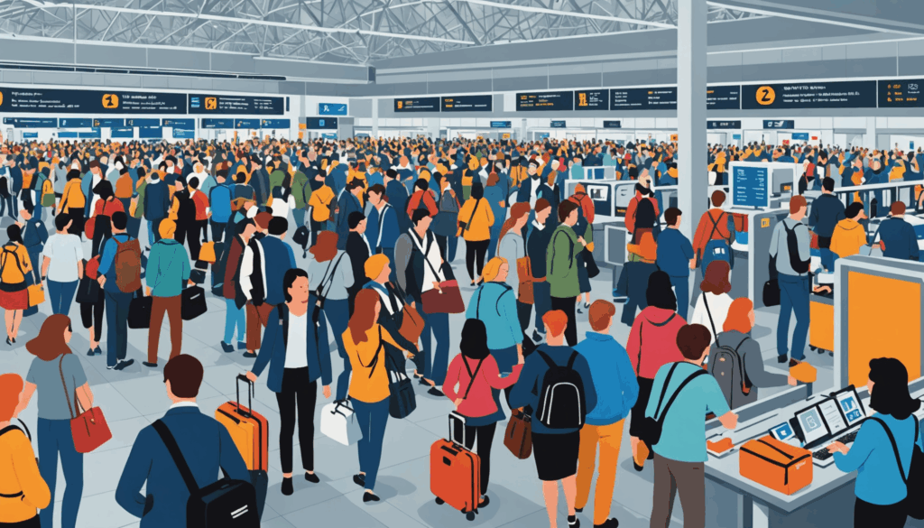 賑やかな空港ターミナルの写真。旅行者がチェックインをし、搭乗口へ向かう様子や手荷物カートが行き交う光景を描写。