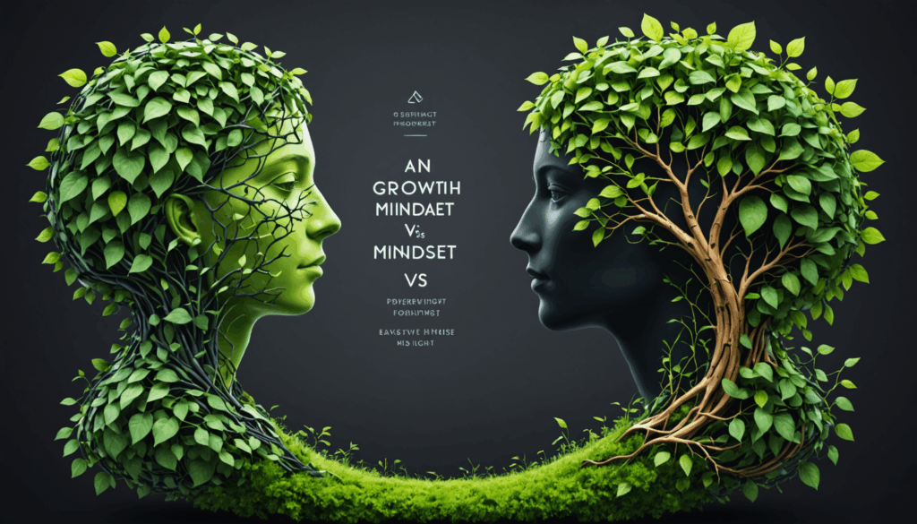 成長型マインドセットと固定型マインドセットを象徴する2つの道の抽象画。成長型は鮮やかで繁栄し、固定型は暗く荒廃した様子が、思考の重要性を示しています。