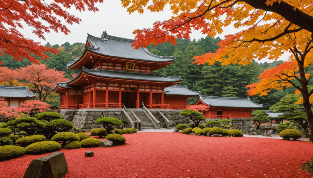 日本の秋の風景。伝統的な寺院と自然の中で、紅葉の赤やオレンジ、黄色が鮮やかに彩る様子が楽しめるおすすめのスポット