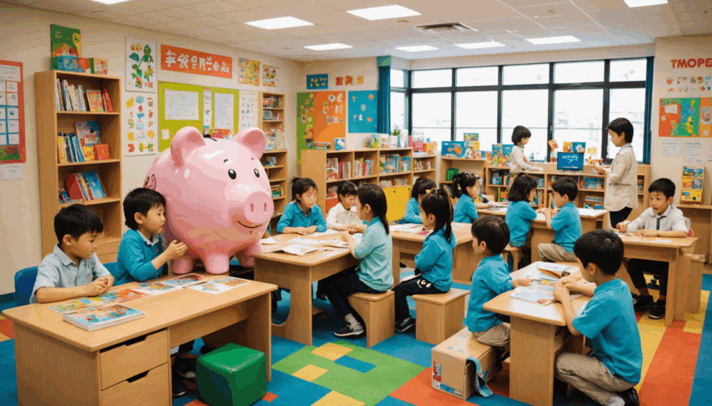 子どもたちが明るい教育の場で、お金の管理について学んでいる様子。貯め方や使い方を楽しく学ぶ活動が行われている。