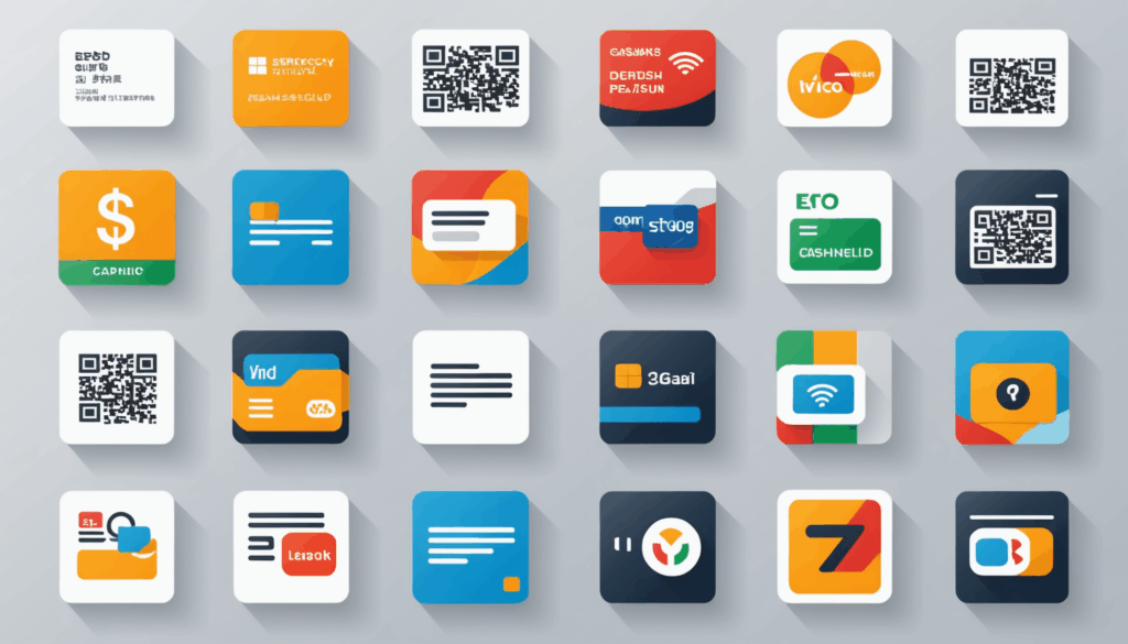 キャッシュレス決済のアイコンが並ぶ画像。QRコード決済やクレジットカードなど、さまざまな支払い方法を示している。