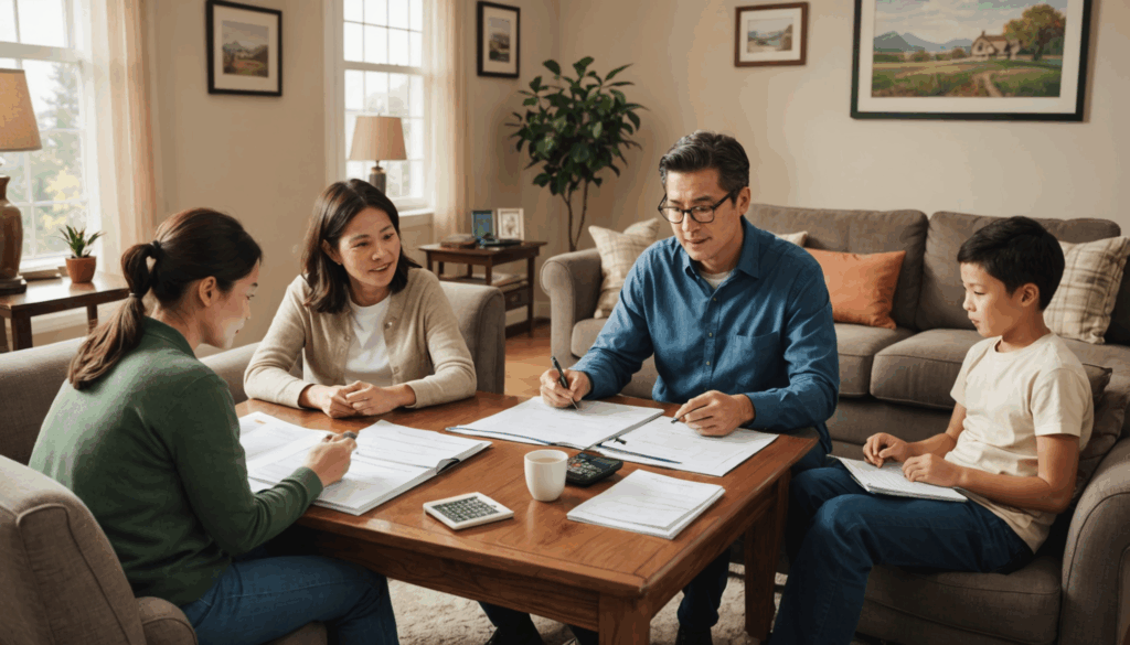 家族が居心地の良いリビングで保険の見直しについて話し合っている様子。テーブルには書類と電卓があり、保障内容の確認が強調されている