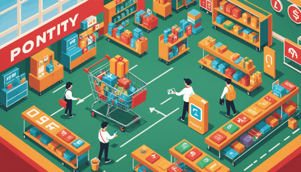 ポイ活をテーマにしたイラストで、ショッピングカートやデジタルポイント、現金やギフトカードが描かれ、視覚的に稼げるポイント活動の楽しさを表現しています