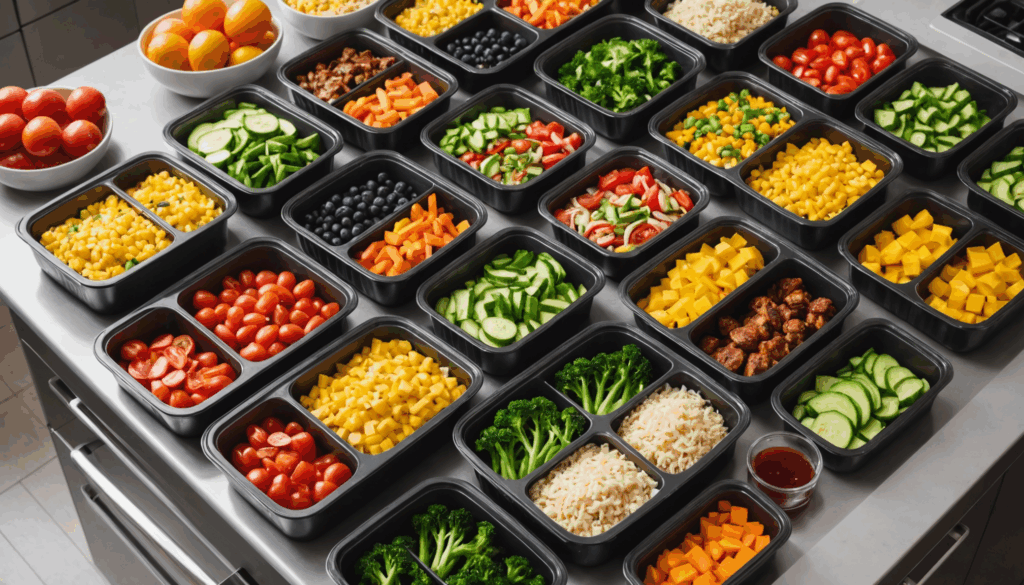 色とりどりの作り置きおかずが入った容器が整然と並ぶキッチンの写真。健康的な常備菜が栄養バランスを考えたお弁当作りに役立つ様子