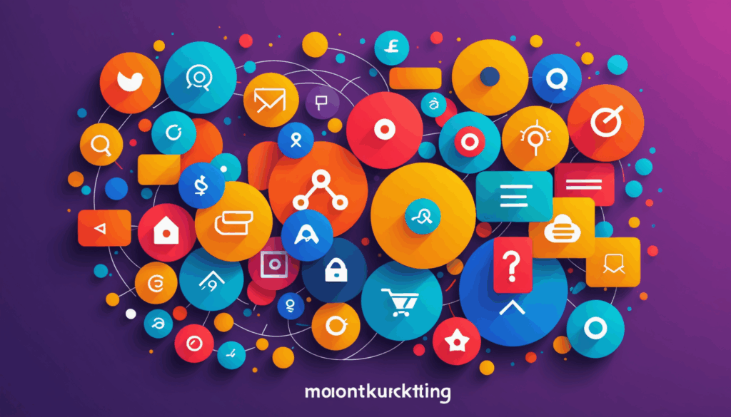 マーケティングの概念を象徴する抽象的な画像。顧客関係や価値創造、セグメンテーションなどを色鮮やかに表現。