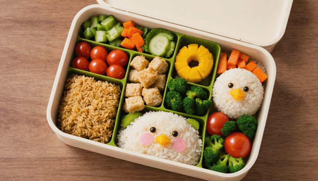 2歳の子ども向けに、見た目が楽しいお弁当の写真。おにぎりや鶏肉、野菜が彩りよく盛り付けられ、食べやすい栄養満点のおかずが特徴です