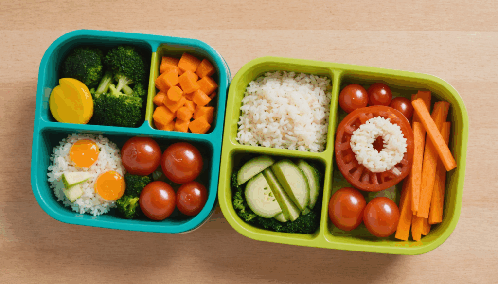 3歳の子ども向けのカラフルなお弁当の写真。食べやすいサイズのご飯や野菜、おかずが楽しい形で盛り付けられている