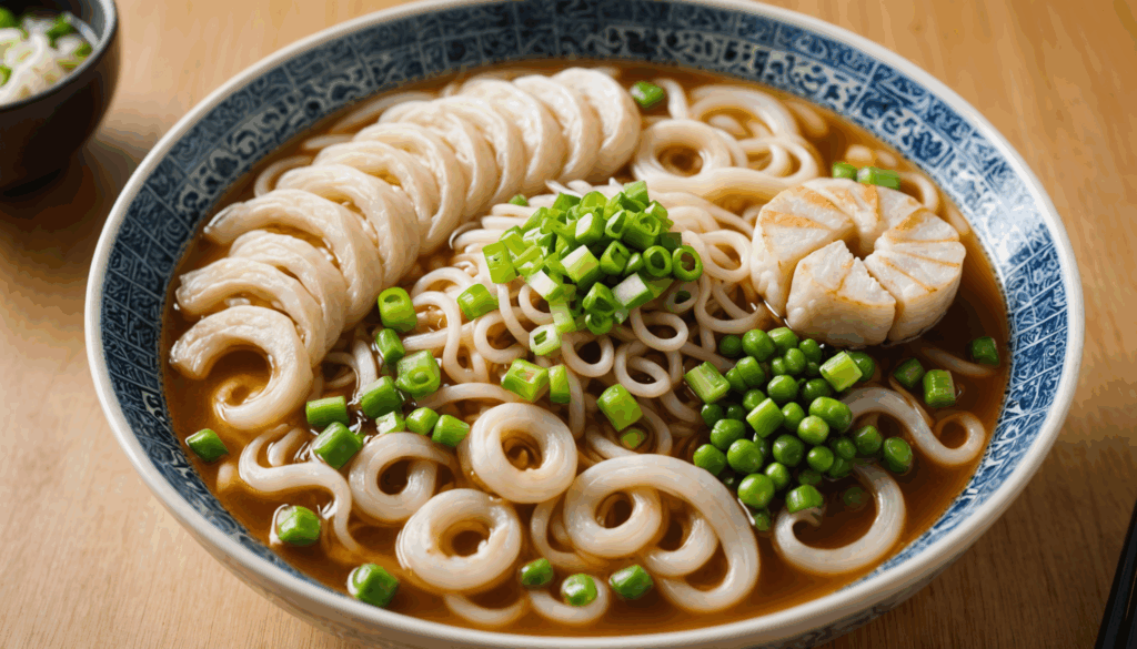 ひもかわうどんの写真。温かい broth に浸かった幅広のうどんと天ぷら、青ネギがトッピングされ、心地よい雰囲気の中でご当地グルメの魅力を引き立てている様子。