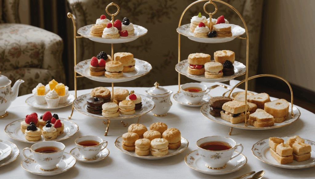 豪華なアフタヌーンティーセットの写真。スコーンやサンドイッチ、デザートが美しく盛り付けられたティールームの様子。