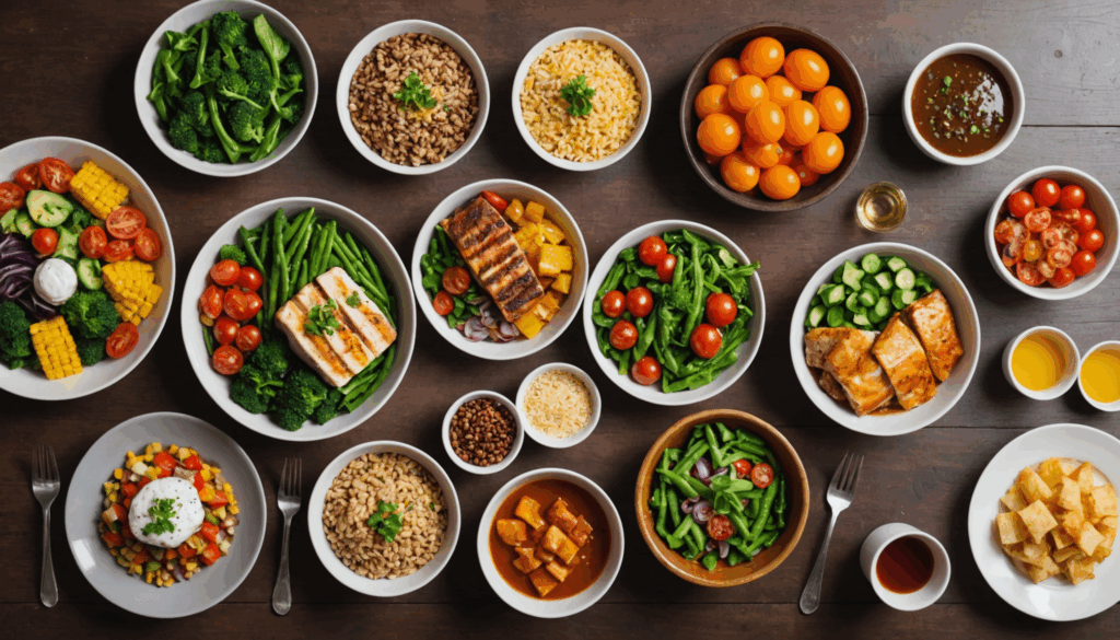 色とりどりの野菜や魚・肉などのたんぱく質、全粒穀物が美しく盛り付けられた健康的で栄養バランスの良い食生活の料理。