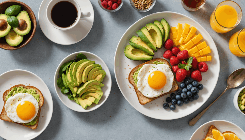 色とりどりの食材を使ったスタイリッシュな朝ごはんの盛り付けで、トースト、卵、アボカド、フルーツが並び、明るく魅力的な雰囲気を演出しています。