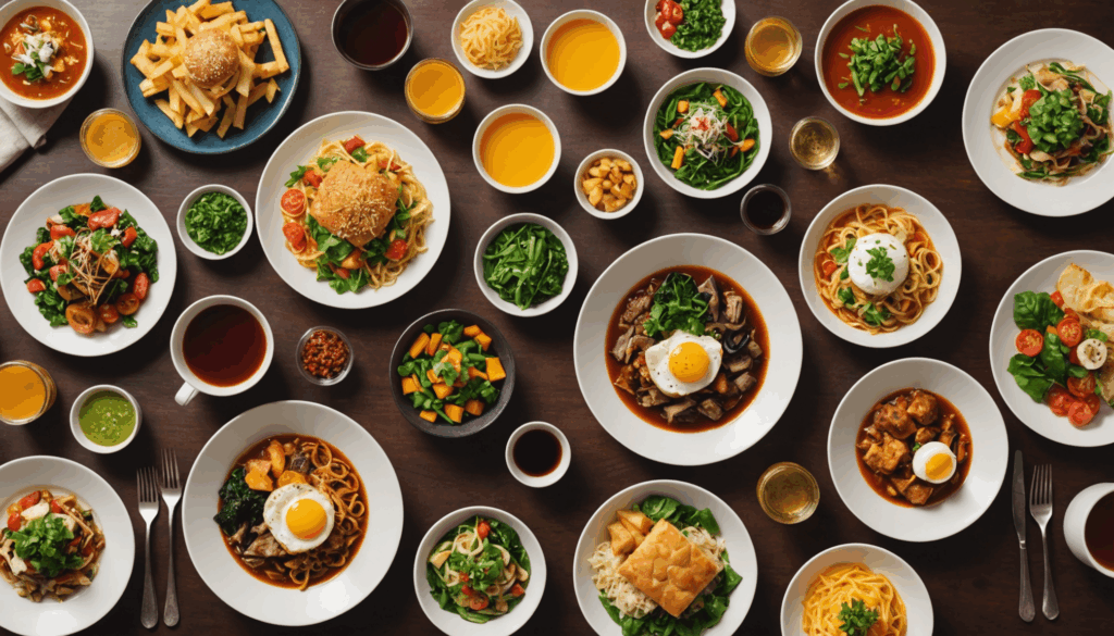 色とりどりの料理が美しく盛り付けられたテーブルの写真。飲食店の温かい雰囲気の中で、グルメサイトでのおすすめ料理を楽しむ様子を表現しています。