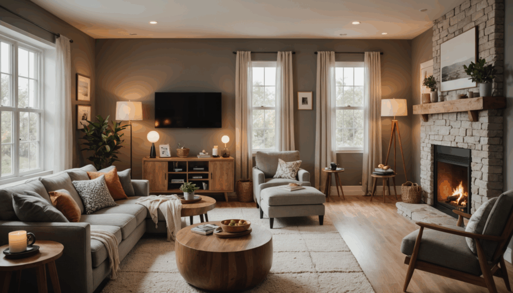 スマートホームデバイスの写真。居心地の良いリビングで、スマートライトやカメラ、リモコンが配置されている様子。おすすめのガジェットとして、快適な生活空間を演出します