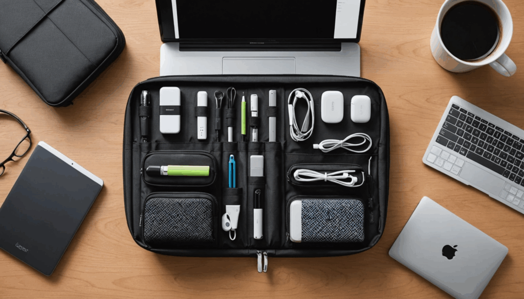 整理されたガジェットポーチの写真。デジタルデバイスやアクセサリーがポケットや仕切りに収められている様子が見える。