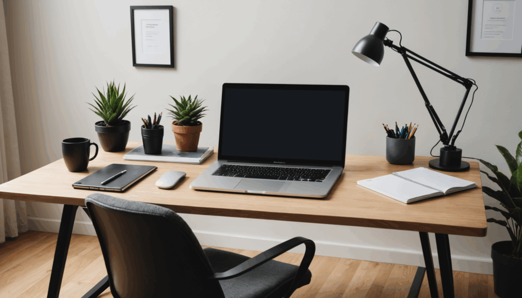 在宅で副業を始めるためのホームオフィスの写真。ノートパソコンやフリーランス用のツールが並んでいる様子。