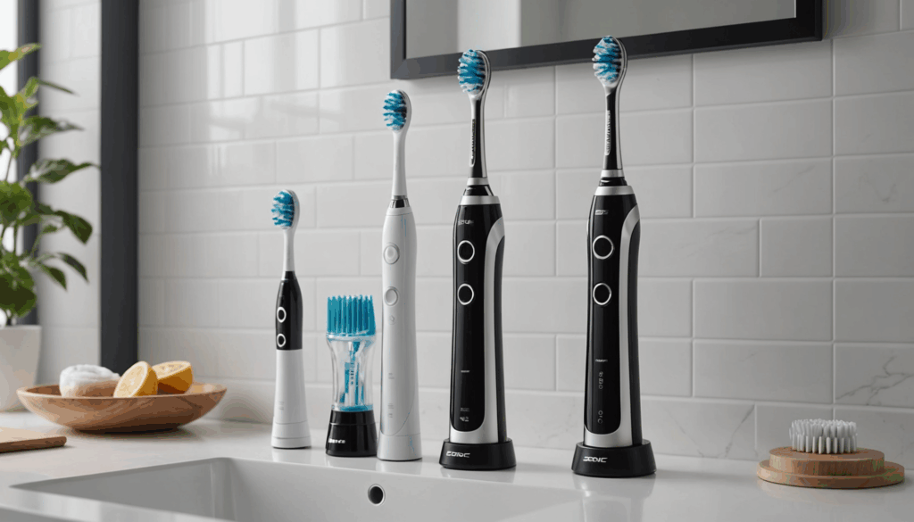 洗練されたデザインの電動歯ブラシが、清潔でモダンなバスルームのカウンタートップに置かれ、音波と回転ブラシヘッドが見える様子。