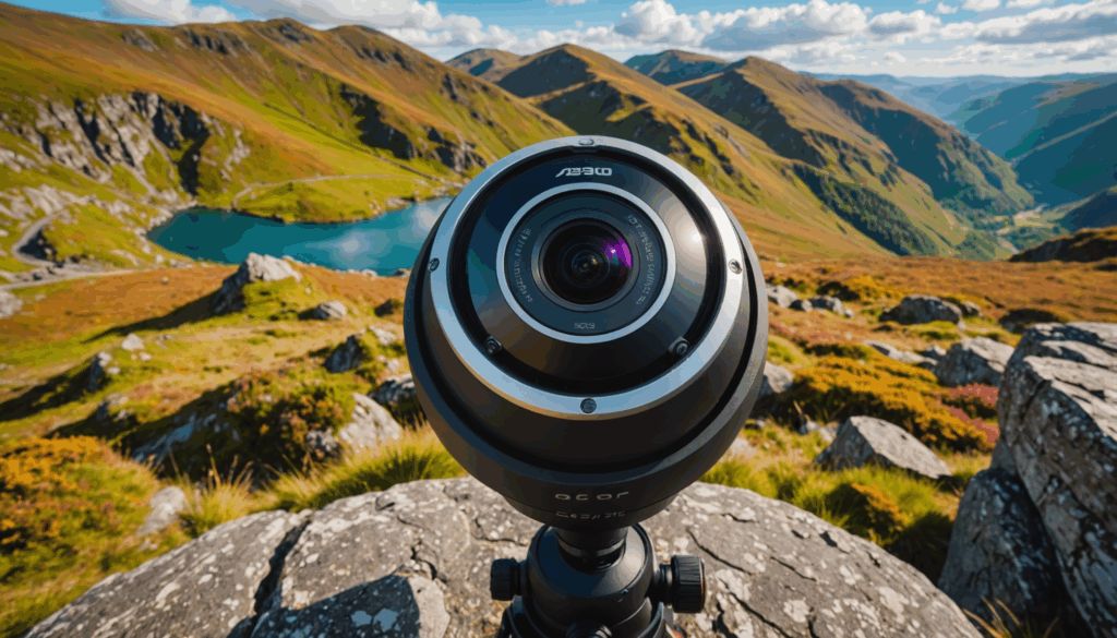 360度カメラの選び方を示す画像で、レンズの種類や高解像度、手ブレ補正、防水機能、スマホ接続、アクセサリーの有無に焦点を当てています。