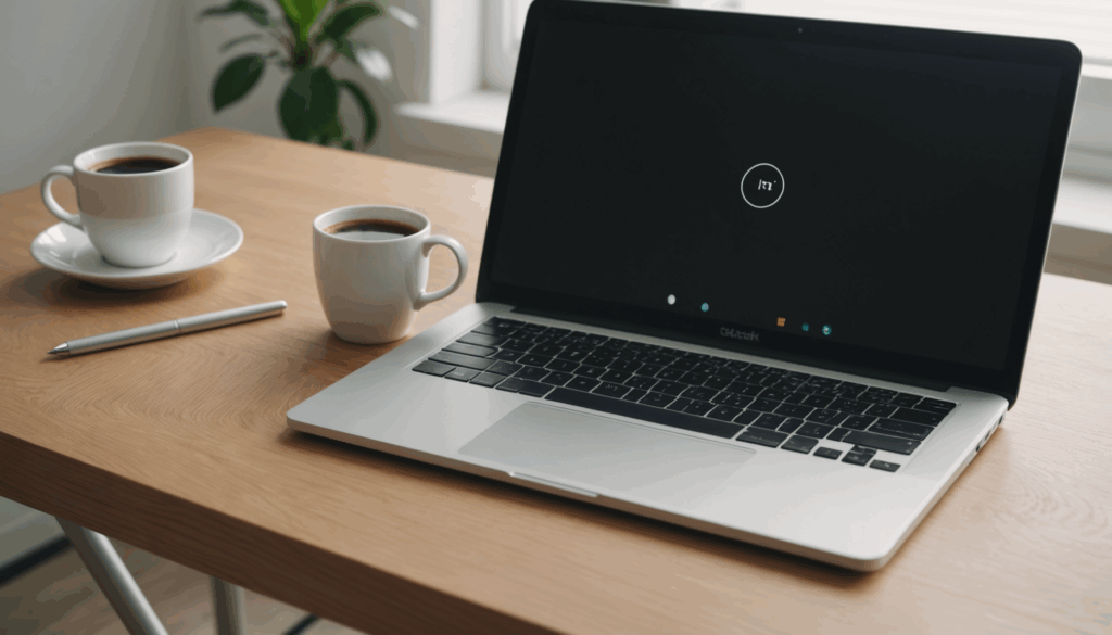 軽量ノートパソコンがデスクに置かれ、コーヒーカップが隣にあるシンプルな風景。高性能なスペックを活かした使い方を想像させる。