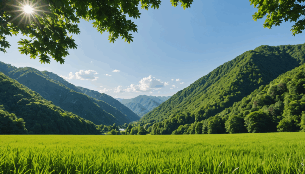 高画質のスマホカメラで撮影された風景の写真。鮮やかな緑と青空が広がる美しい自然の様子を捉えています。