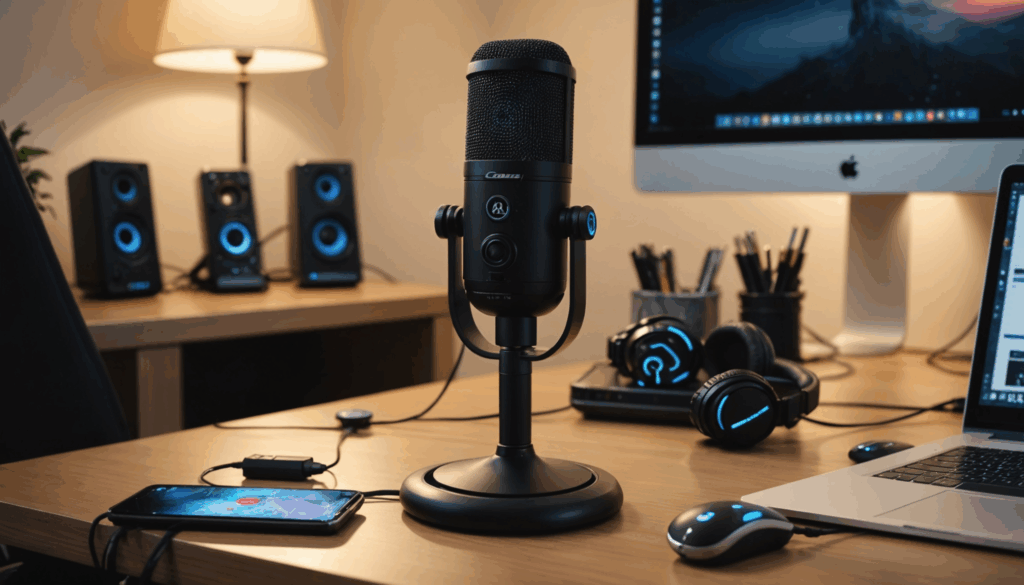 USB接続のスタンドマイクの写真。デスク上にラップトップやゲームアクセサリーが並び、柔らかな照明でプロフェッショナルな雰囲気を演出している。