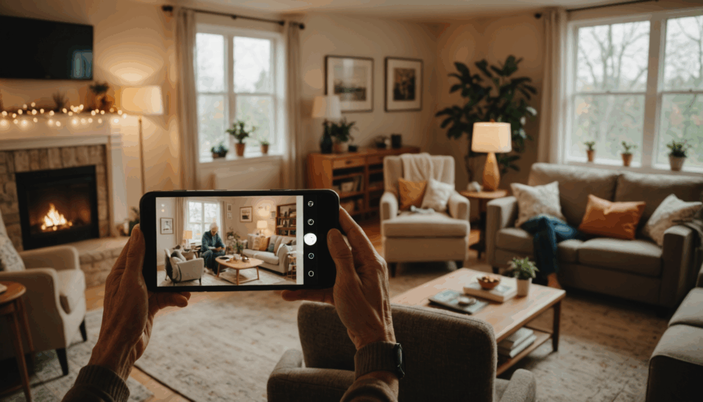高齢者がスマホを通じて家族と通話している様子を、見守りカメラで監視できる温かみのあるリビングの画像。