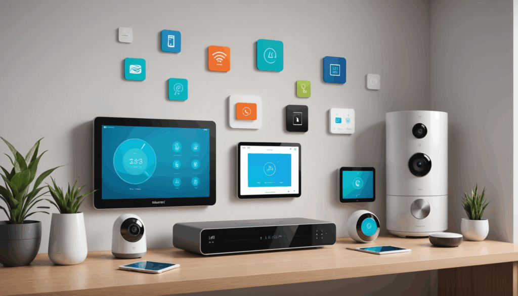 スマートホームの家電が並ぶイラスト。自動操作で便利な生活を実現するSwitchBotのデザインが特徴。