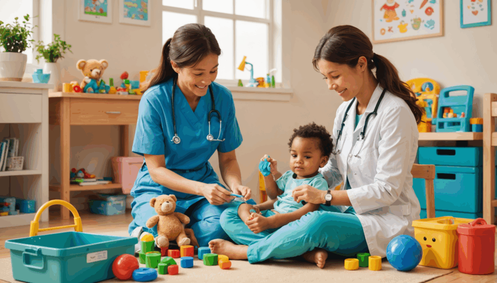 優しい看護師がお子さまの体調不良に対応している病児保育の様子。安全で快適な環境で、保護者が安心できるサポートを提供しています。