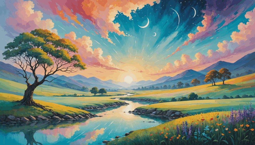 前世療法を象徴する穏やかな風景の抽象画。柔らかな色合いとエーテル的な要素が自己探求と癒しの深さを表現している。