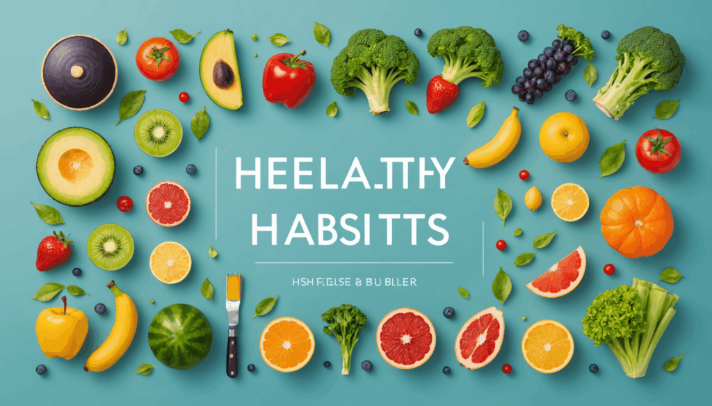 健康的な生活習慣をテーマにした画像。運動、バランスの取れた食事、質の高い睡眠、ストレス管理の要素が描かれている様子。