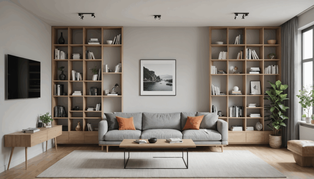 整頓された収納棚があるミニマリストな生活空間の写真。不要な物を捨てることで、心がスッキリとした生活を実現する方法を示しています。