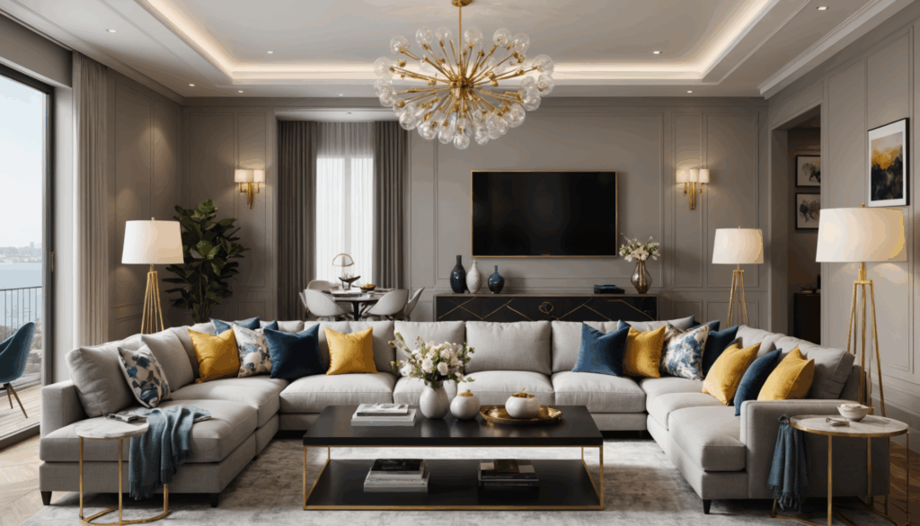 おしゃれな部屋の写真。モダンなインテリアで、統一感のある色合いの家具や収納が配置され、温かい照明が心地よいスペースを演出している様子。