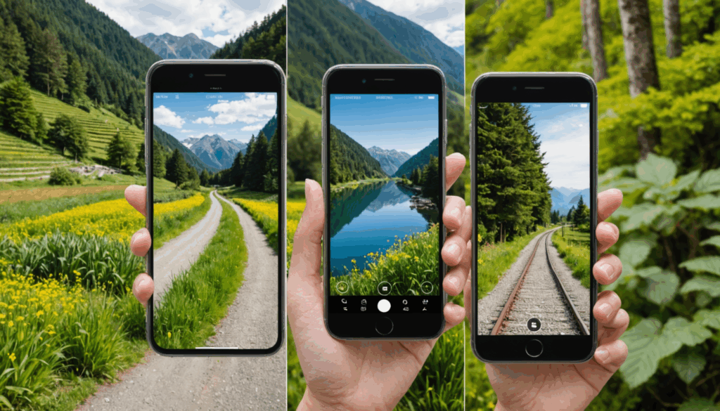 スマホのカメラを使った光学ズームとデジタルズームの違いを示す画像で、旅行や自然撮影の様子が描かれています。